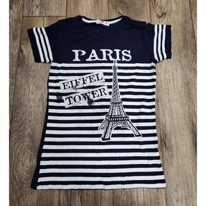 Paris Eiffel Tower Women's Graphic T Shirt Top Distressed Blue White Stripe XL